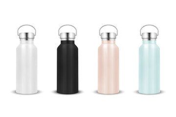 Vector Realistic 3d White, Black, Pink and Blue Blank Glossy Metal Reusable Water Bottle Icon Set with Silver Bung Closeup Isolated on White Background. Design Template of Packaging Mockup. Front View
