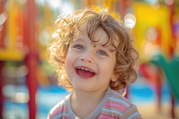 A joyous toddler, clad in playful clothing, beams with innocence and happiness while posing for the camera in a vibrant outdoor playground setting