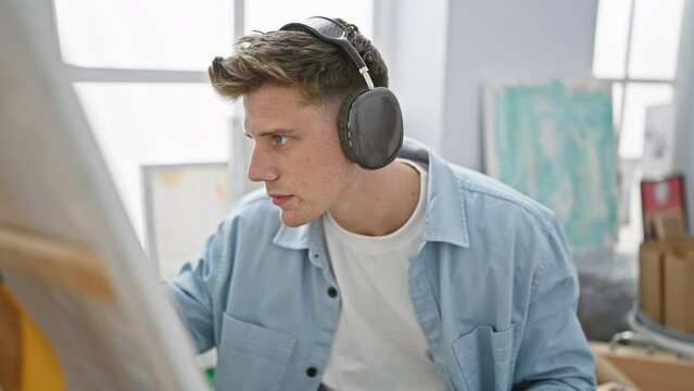 Young caucasian man artist drawing focused listening to music at art studio