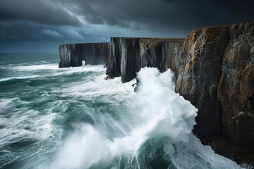 A stormy sky looms over the rugged coast as wind-whipped waves crash against the rocky cliff, creating a powerful and dynamic seascape