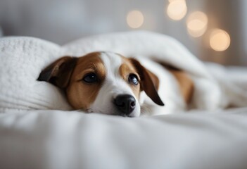 Cute jack russell dog terrier puppy sleeping on white blanket in the bed in bedroom Home alone Waiting for company