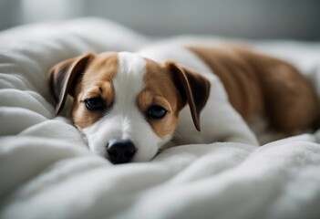 Cute jack russell dog terrier puppy sleeping on white blanket in the bed in bedroom