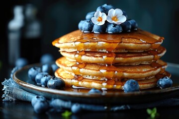 A stack of pancakes topped with blueberries and syrup.