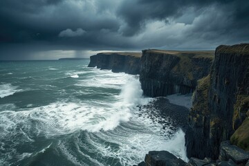 Nature's symphony plays out on the windswept cape, as the tumultuous tide crashes against the rocky headland and the cloudy sky watches over the majestic seascape