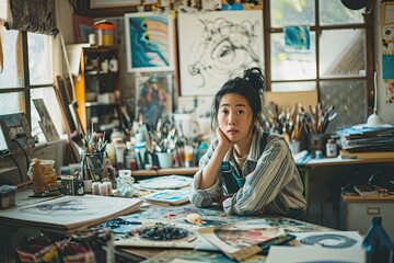 A contemplative woman sits at a table surrounded by colorful paintings, her face reflecting the beauty and complexity of human emotion in this intimate indoor art shop