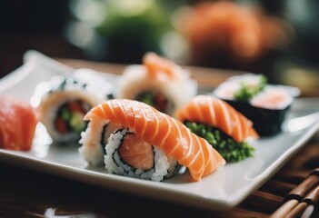 Delicious sushi rolls close up