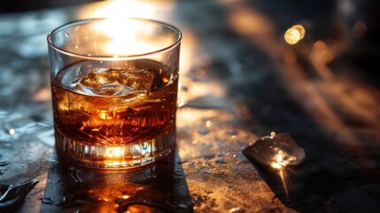  a glass of whiskey sitting on top of a table next to a spoon and a spoon rest on the table next to a glass with ice cubes on it. - obrazy, fototapety, plakaty
