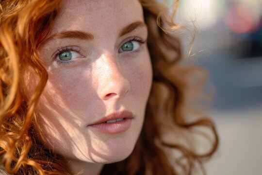 A fiery redhead with feathered surfer hair stares intently, her piercing green eyes accentuated by long lashes and perfectly arched brows, exuding confidence and strength in this stunning outdoor por