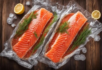 Red fish o salmon fillets in vacuum package on wooden background Fresh fish lemon and dill for cooking