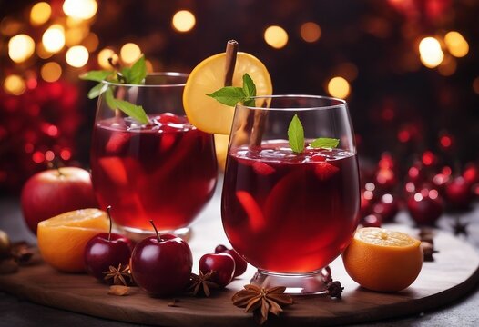 Mulled Wine Or Christmas Sangria With Aromatic Spices Apple Cherry And Citrus Fruits Traditional Christmas Drink