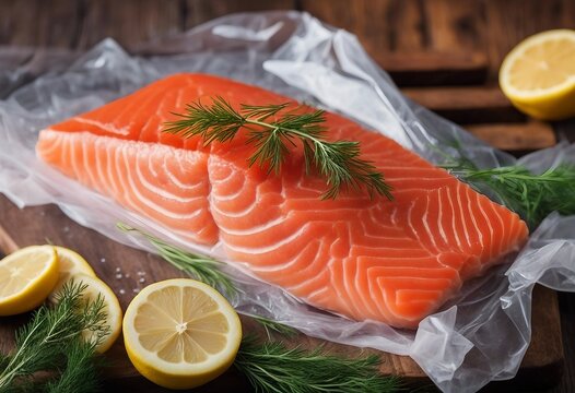 Red fish o salmon fillets in vacuum package on wooden background Fresh fish lemon and rosemary