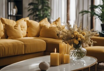Stylish interior of living room at fancy home with design sofa yellow side table dried flowers and candles on table