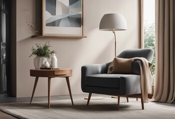 Stylish composition of modern living room interior with frotte armchair wooden commode side table lamp and artwork