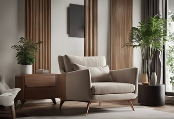 Stylish composition of modern living room interior with frotte armchair wooden commode side table and plant