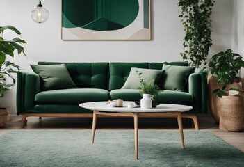 Stylish Scandinavian living room interior with green velvet sofa coffee table carpet plants furniture