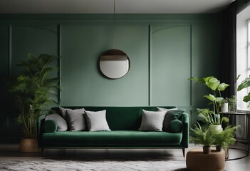 Stylish Scandinavian living room interior with green velvet sofa coffee table carpet plants furniture