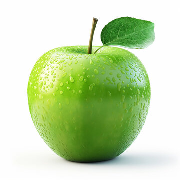 Uma maçã verde com gotas de agua e detalhes isolada no fundo branco