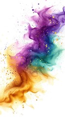 A colorful explosion of paint on a white background. Mardi Gras background with purple, green and golden colors. - obrazy, fototapety, plakaty
