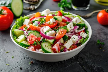 Fresh Greek salad with tomato onion cucumber pepper lettuce and feta cheese in a white bowl