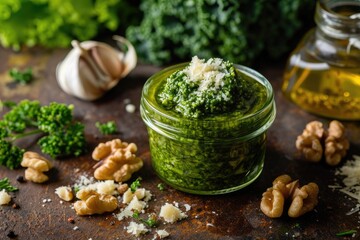 Glass jar of kale pesto on wooden surface with dark background made of kale walnuts parmesan garlic and olive oil