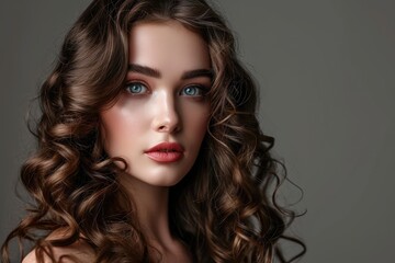 Gorgeous girl with brown hair curled perfectly and wearing classic makeup Stunning appearance