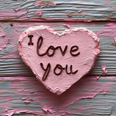 Serce wykrojone ze starego materiału w którym wycięty jest napis " I love you" 