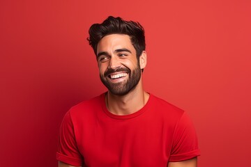 Portrait of happy young man in red t-shirt on red background