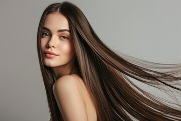 Gorgeous model with sleek long shiny brown hair Keratin treatment care and spa for a sleek style - obrazy, fototapety, plakaty
