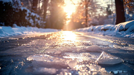 Shot from the ground of a frozen street, with sun in the background