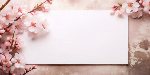 a spring banner, a white sheet of paper with a place for text with branches of cherry blossoms lying on the left,a design concept for spring marketing materials
