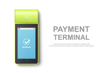 Vector 3d Green NFC Payment Machine with Approved Status. Payment POS Terminal, Machine Design Template of Bank Payment Contactless Terminal, Mockup. Top View
