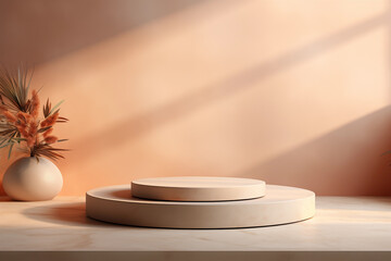 Beige round podium for product display, illuminated by diagonal rays of light with a single potted plant and stone decor, designed for product presentation