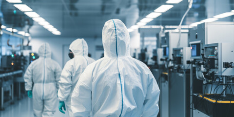 In a controlled clean room environment, scientists, masked and gloved, collaborate on biotechnological solutions with precision. - Powered by Adobe