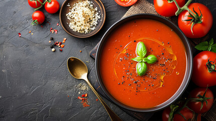 tomato soup with basil in a ceramic bowl, top view closeup - Powered by Adobe