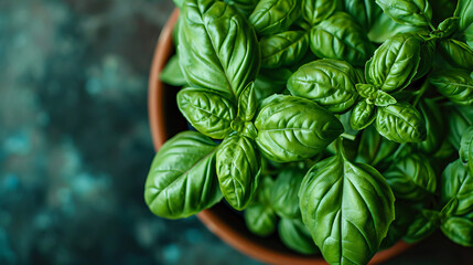 fresh green basil in a ceramic pot, closeup top view