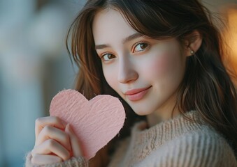 a woman holding paper pink heart