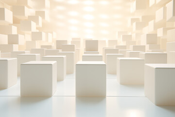 An array of white cubes under a patterned glow, creating a reflective and serene modern space