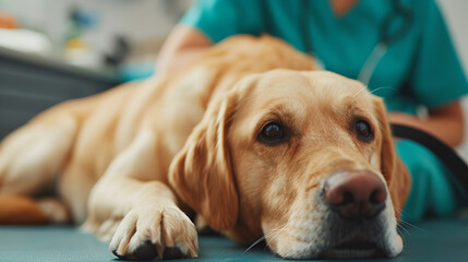 labrador lying on the table at the vet's surgery being examined by the vet