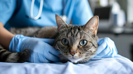 cat lying on a table at vet's surgery examined by the vet - obrazy, fototapety, plakaty