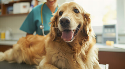 golden retriever dog examined at the vet's surgery
