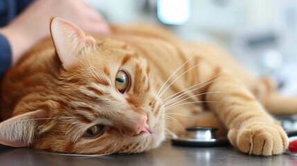 grey tabby cat lying in vet's surgery, closeup - obrazy, fototapety, plakaty