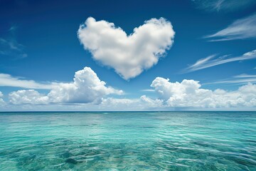 heart shaped clound in blue sky over tropical sea - obrazy, fototapety, plakaty