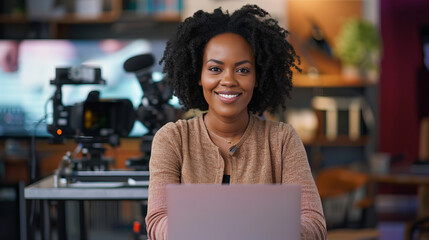 smiling tv news host in a studio sitting at a laptop - obrazy, fototapety, plakaty