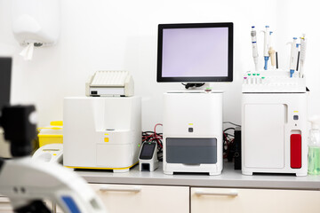 Interior of veterinary clinic laboratory with modern equipment for conducting precise diagnostic research and timely diagnostics. Concept of providing professional medical care for domestic animals