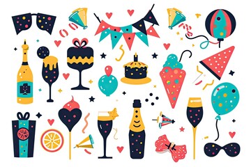 A vibrant collection of whimsical clipart illustrations featuring playful cartoon characters and various everyday objects, sure to bring a smile to your face