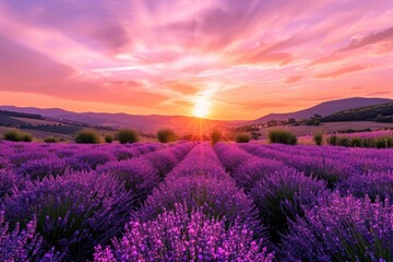 A breathtaking landscape of purple hues fills the sky as the sun sets behind a majestic mountain, casting a warm glow over a vast field of lavender, creating a serene and peaceful outdoor scene