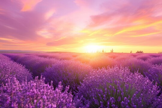 A peaceful sunset over a vast field of vibrant purple lavender, with the sky painted in shades of violet and the sun casting its last warm rays upon the horizon