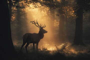 Amidst the misty forest, a majestic deer with antlers silhouetted against the sunset stands in tranquil solitude, embodying the wild spirit of nature