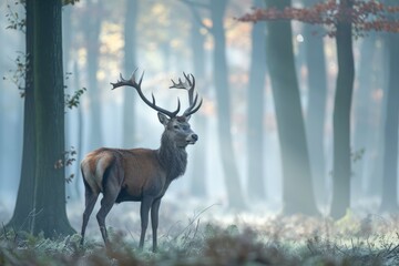 A majestic whitetail deer stands tall amidst the foggy forest, its antlers glistening in the sunlight as it surveys its tranquil woodland home
