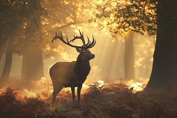A majestic stag stands amidst the autumn fog, its antlers reaching towards the misty trees in the tranquil forest